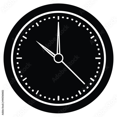 Silver clock face with midnight time. 3d platinum watch on black background. Classic vintage luxury elegant roman numeral clock. Realistic vector illustration for new year or Christmas greeting card.