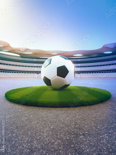 Soccer ball on grass podium in stadium. 3d rendering of outdoor space and future architecture with blue sky background.