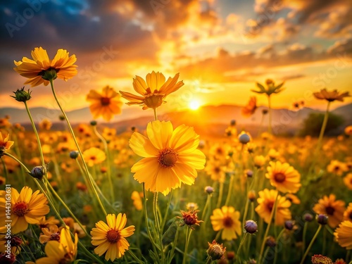 Vibrant Yellow Flowers Sunset Long Exposure Photography