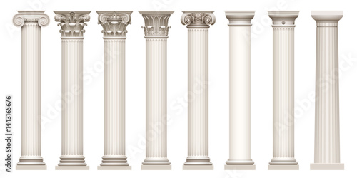 Marble antique columns and pillars of roman and greek architecture elements.