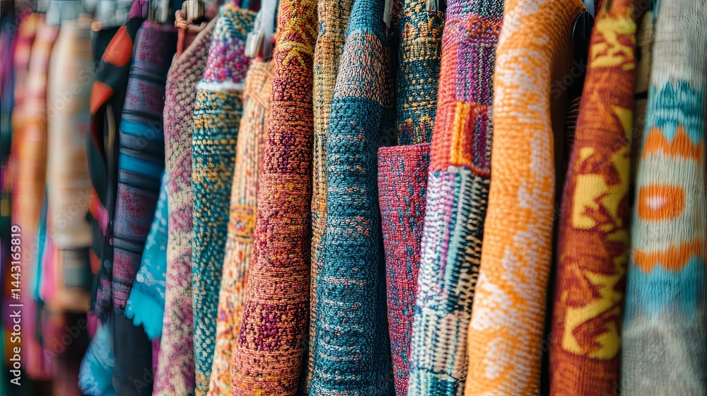 Fototapeta premium Colorful textiles display at artisan market vibrant environment textile photography eye-level view craftsmanship celebration