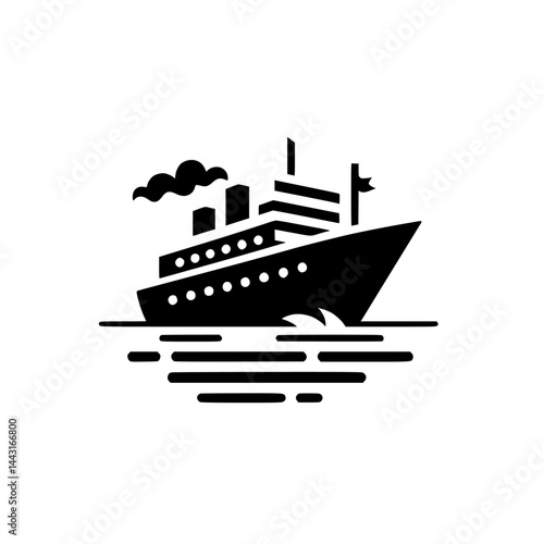 Black and White Cruise Ship Icon, Nautical Travel Vector Illustration