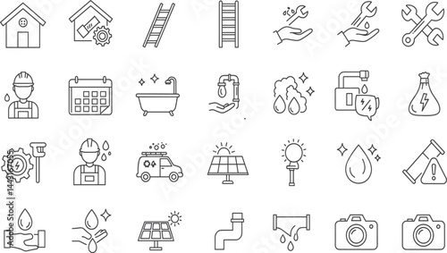 Gutter maintenance line icon set. Vector pictograms of downspout cleaning, hose, ladder, bracket, debris, leaf guard, repair
