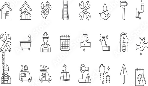 Gutter maintenance line icon set. Vector pictograms of downspout cleaning, hose, ladder, bracket, debris, leaf guard, repair