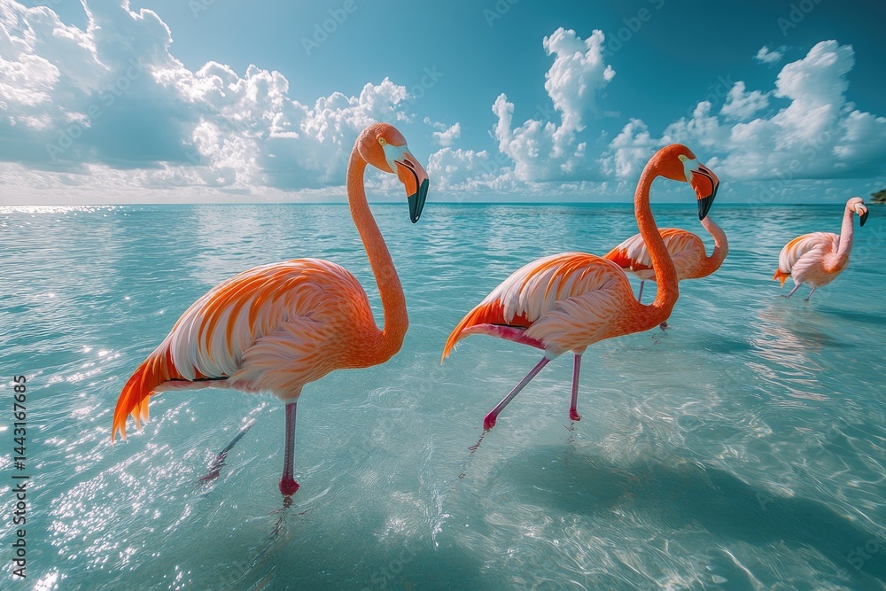 Fototapeta premium Three flamingos wading in shallow turquoise water under a bright sky.