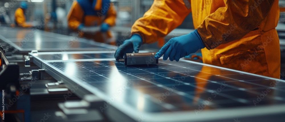 Worker installs solar panel components carefully.