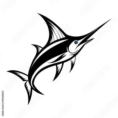 Black and white marlin fish vector illustration for sport fishing logo design and ocean wildlife art print isolated on transparent background