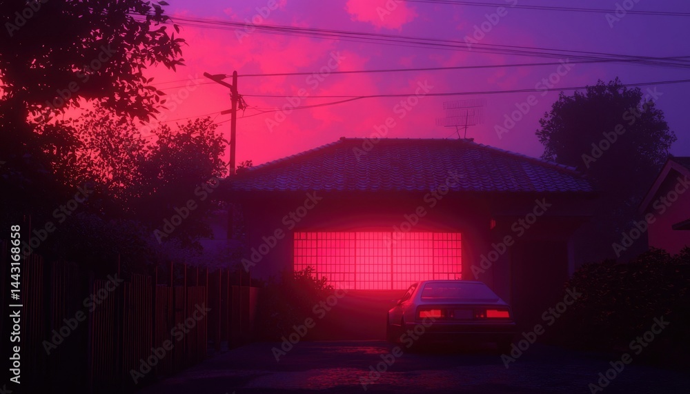 Dusk, house, car, vibrant Dusk, house, car, vibrant