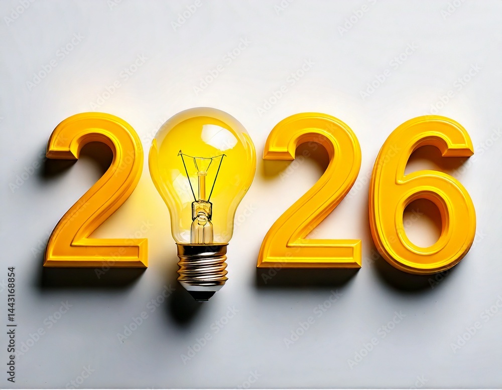 yellow light bulb and year numbers 2026 on white background yellow light bulb and year numbers 2026 on white background