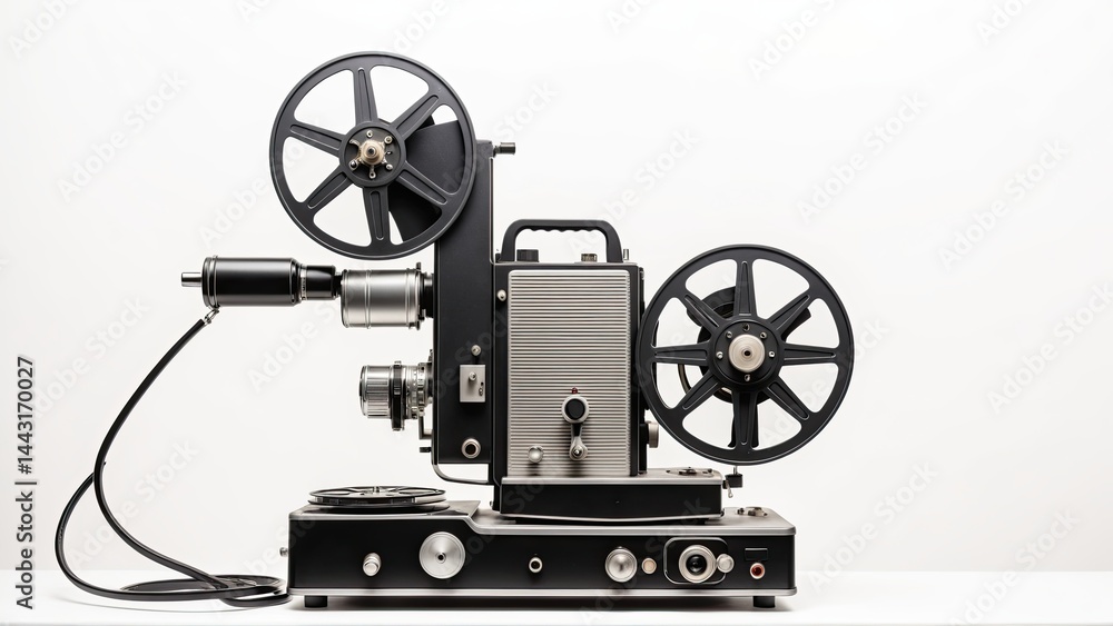 Fototapeta premium Vintage Film Projector Machine with Reels on White Background