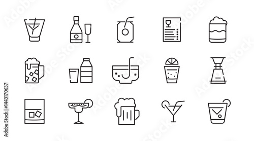 Cocktails line icon set. Drinks, party, club, alcoholic, bubble tea, vodka, pub, coffee, refreshment outline icon collection. UI thin outline icon pack