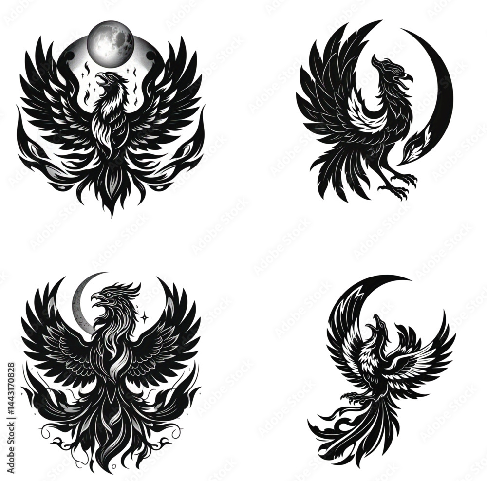 Obraz premium Rising Phoenix Silhouette with Crescent Moon – Symbolic Minimalist Tattoo or Logo Vector
