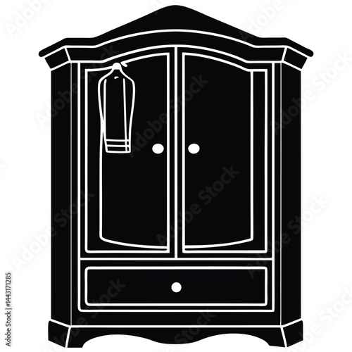 wardrobe silhouette vector illustration, vector sketch illustration of the silhouette of a Jepara teak wood door design full of classic vintage carvings, Monochromatic illustration of a wardrobe close