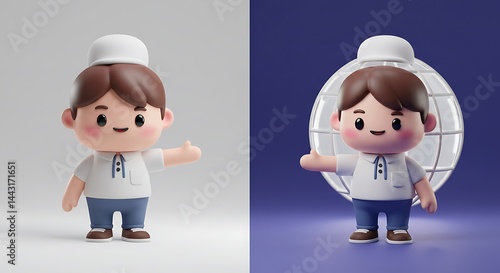 3d cute cartoon illustration, subject on left side with illuminated shiodome background on right side, ample copy space on the right for photo use.