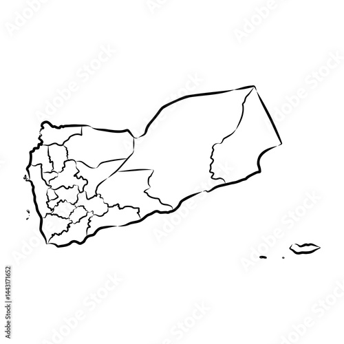 Minimalist black and white outline map of Yemen with internal region borders, simple vector illustration for geography, education, and design use
