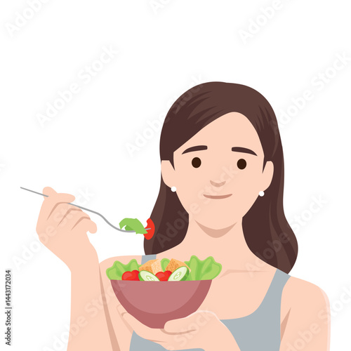 Woman with long hair holds a bowl of fresh salad and eats with a fork, Healthy eating habits. Flat vector illustration isolated on white background