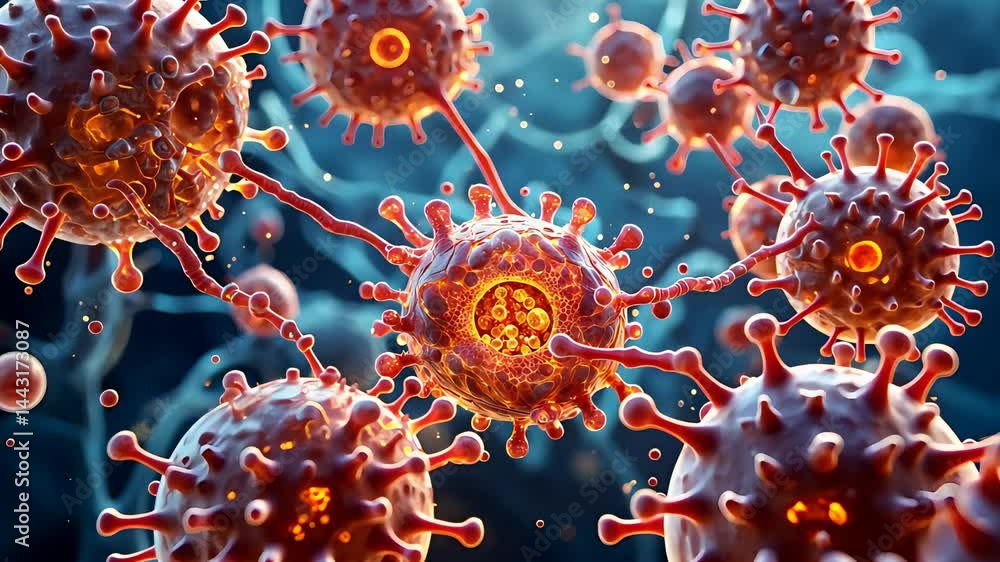 Microscopic Closeup of Virus Cells with Glowing Particles Microscopic Closeup of Virus Cells with Glowing Particles