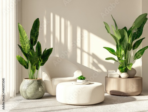 Interior scene featuring a fluffy white armchair coffee table and potted plants against a white wall lit by sunlight.