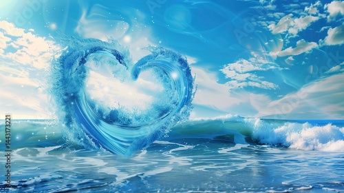 Obraz na płótnie Blue Wave Love Heart Ocean Wedding Background: A Serene Symphony of Love and Marine Elegance w salonie