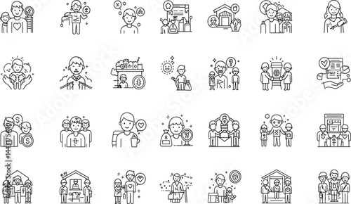 Homelessness, Social Aid line icon set. Vector pictograms of homeless child, urgent needs, support services, donation, social kitchen