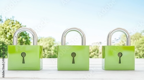 Enhanced security, three green padlocks on white table symbolizing protection three