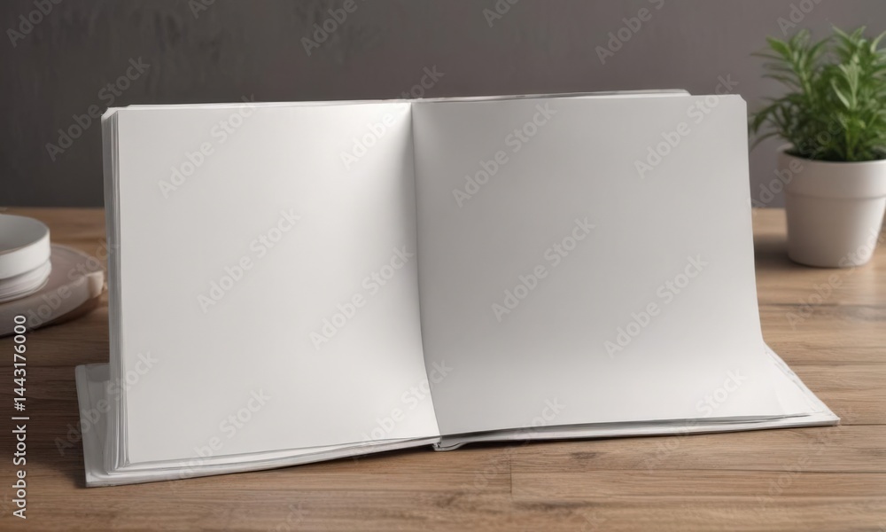 Fototapeta premium Blank vertical photo album mockup, open to reveal pristine white pages Ideal for showcasing designs , clean, branding
