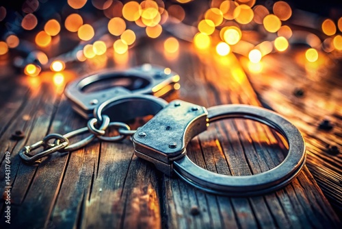 Weathered Wood, Silver Handcuffs, Bokeh Background Stock Photo