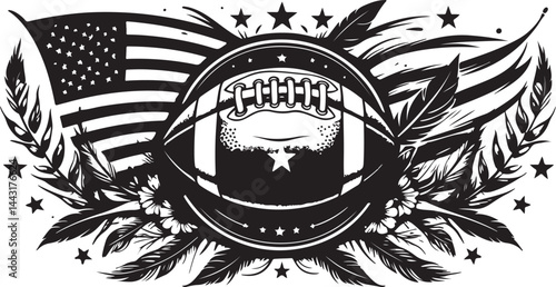 American Football with USA Flag Black and White Vintage Illustration