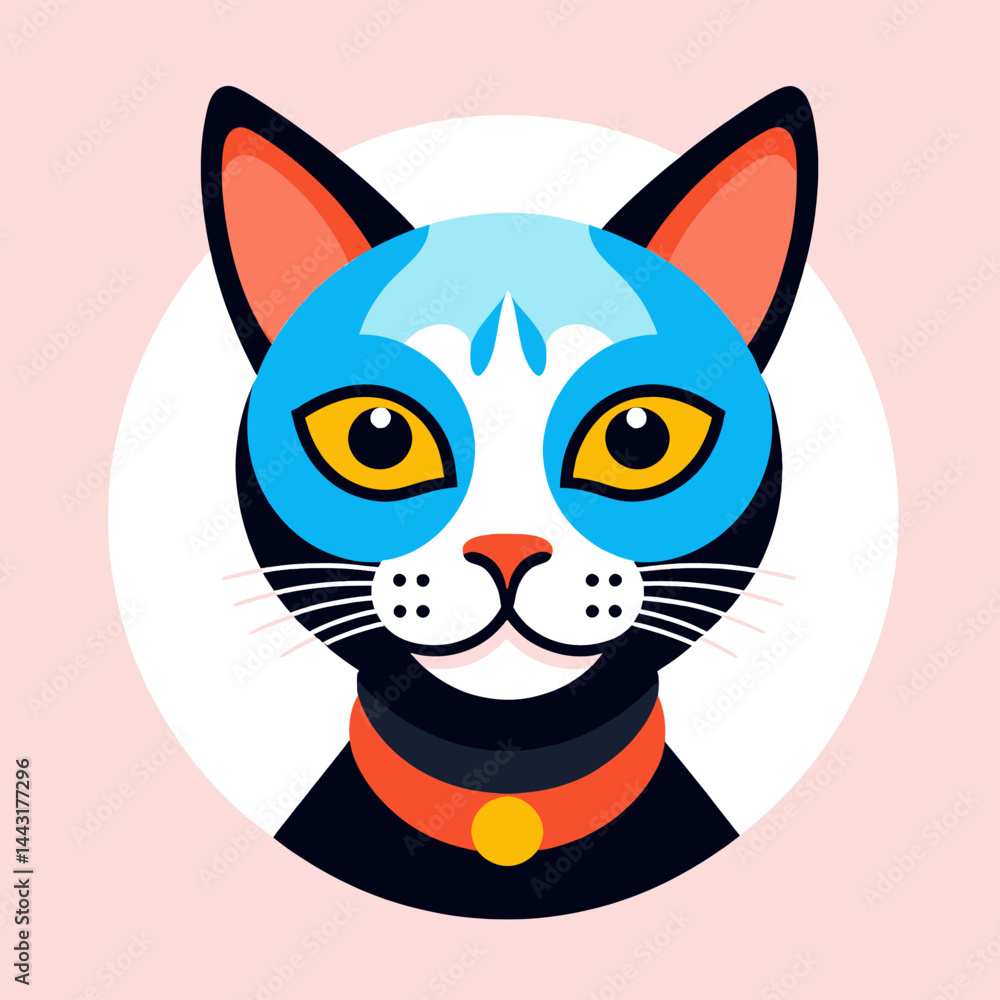Obraz premium Colorful_Cartoon_Cat_Illustration_Modern_Geometric_Cat_Art_Bright_Yellow_Eyes_Cute_Pet_Portrait_Digital_Art_For_Kids_Playful_Animal_Design_Modern_Wall_Art