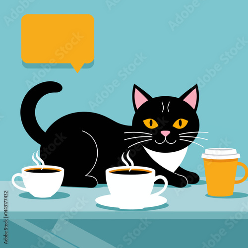 Cute Black Cat with Coffee Cups Illustration_ Whimsical Cartoon of a Cat Enjoying Coffee_ Perfect for Coffee Lovers and Cat Owners_ Bright and Playful Artwork