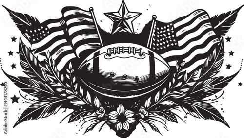 American Football with USA Flag Black and White Vintage Illustration
