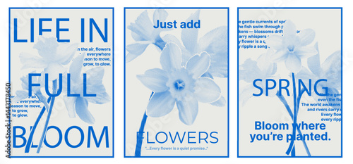 Set of monochrome white and blue vertical posters with flowers from collage and text. Poster, notebook cover, flyer, flower delivery advertisement. Vector graphics. EPS10