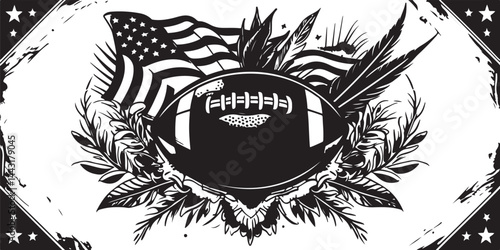 American Football with USA Flag Black and White Vintage Illustration