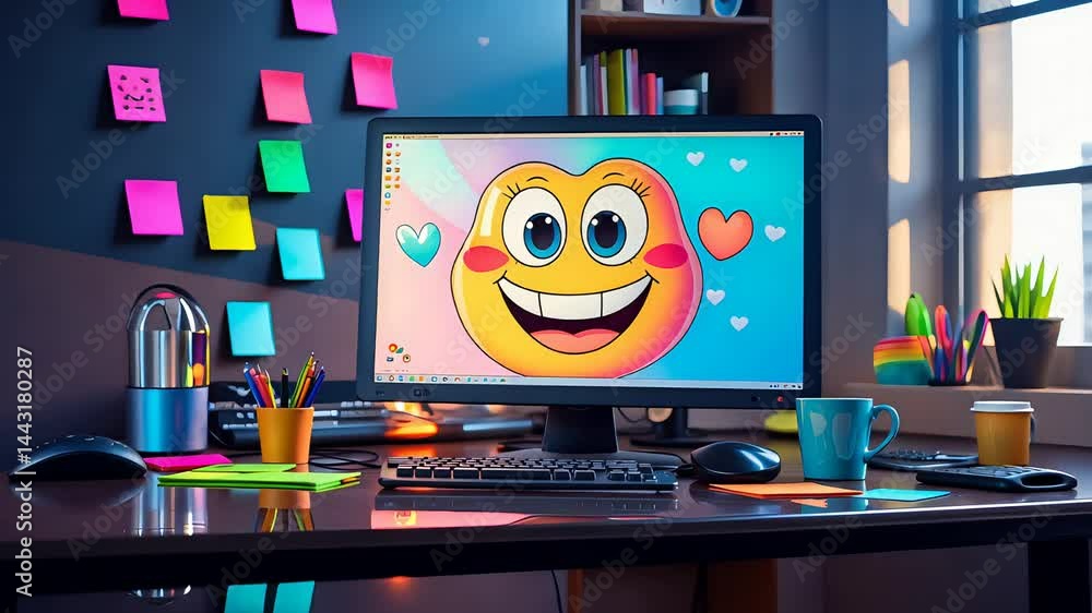Colorful Home Office Desk with Happy Emoji on Computer Screen Colorful Home Office Desk with Happy Emoji on Computer Screen