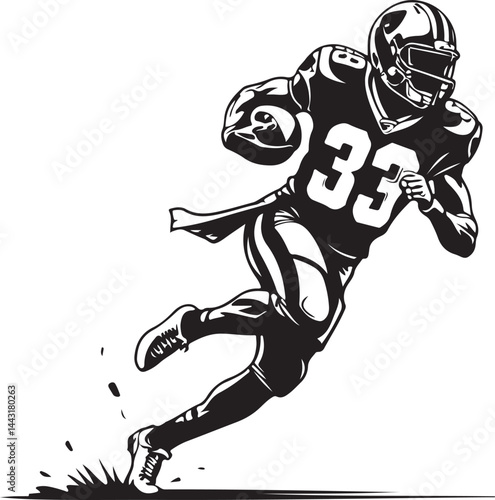 American Football Player Running Action Black and White Vector