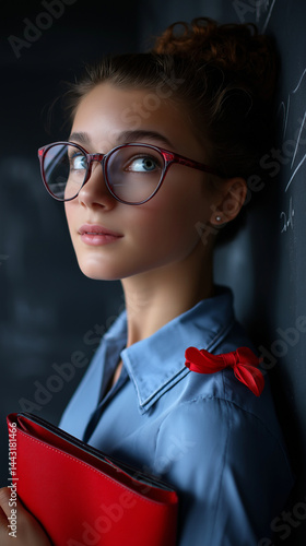 Junge Frau mit Brille und roter Schleife hält rotes Notizbuch vor blauem Hemd und dunklem Hintergrund
