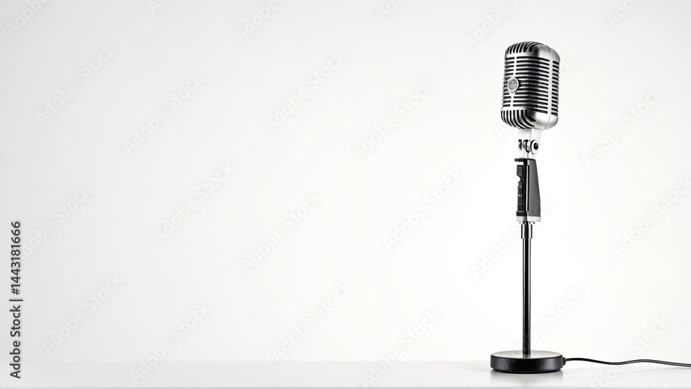 Obraz premium Minimalist Microphone Standing on White Background for Audio Recording
