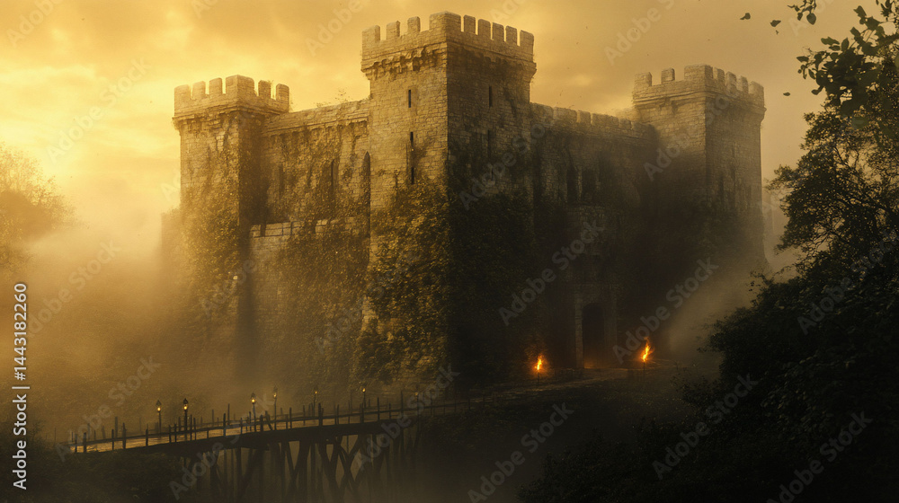 Fototapeta premium Mystical Castle in Foggy Landscape