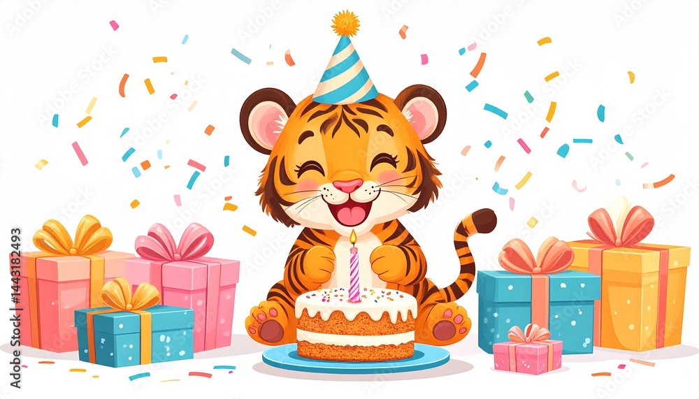 Fototapeta premium cute tiger happy face while celebrating birthday