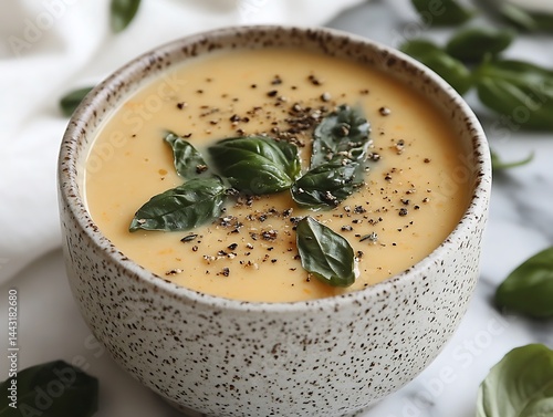 Creamy soup, garnished with basil