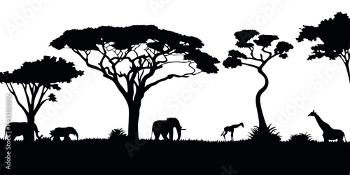 Silhouette of an African safari animal landscape scene — vector illustration.