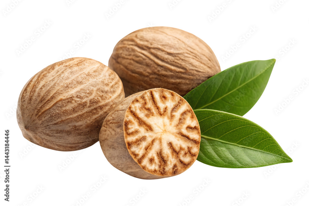 Aromatic nutmeg seeds one halved with vibrant green leaves Aromatic nutmeg seeds one halved with vibrant green leaves