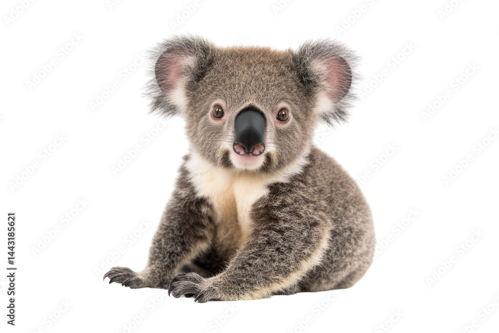 Fototapeta premium Young koala, Phascolarctos cinereus, 14 months old, sitting in front of white background PNG