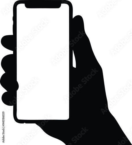 Silhouette of a hand holding a smartphone with blank screen, ideal for tech illustrations, mobile UI mockups, app presentation, or communication concepts


