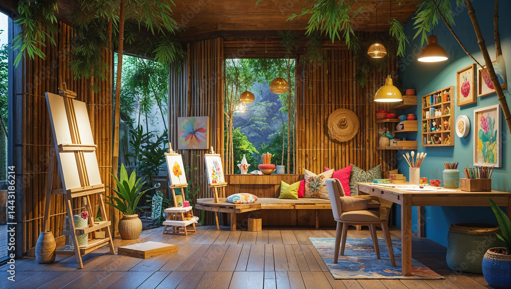 Fototapeta premium Brightly lit artist studio interior with art supplies and natural bamboo design