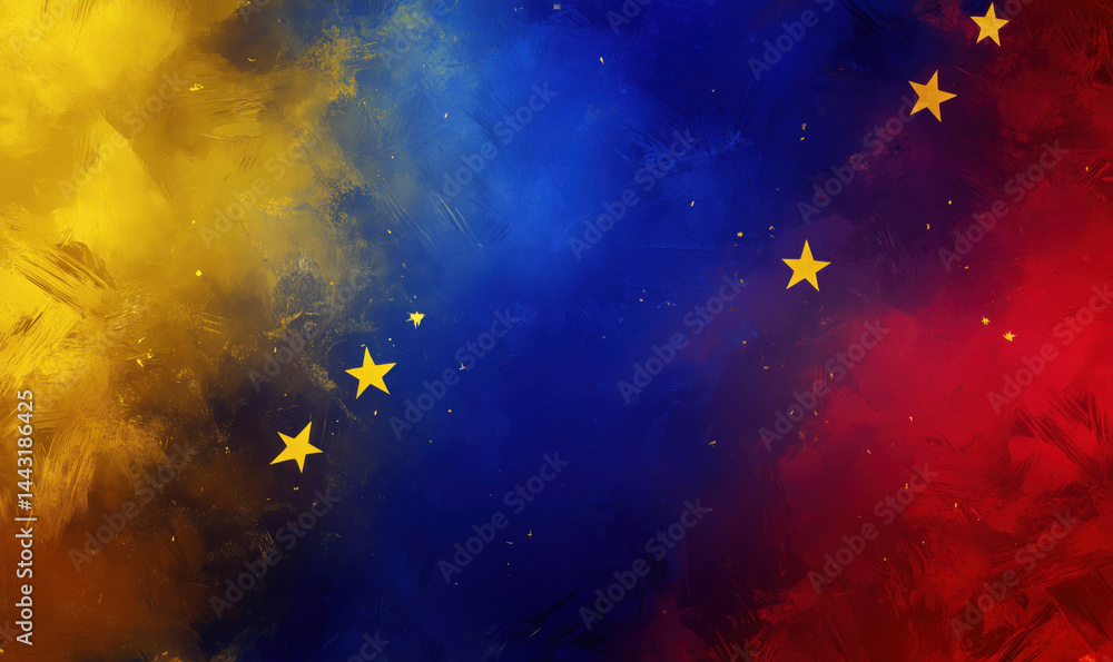Vibrant abstract background featuring blue, yellow, and red colors with stars. Vibrant abstract background featuring blue, yellow, and red colors with stars.