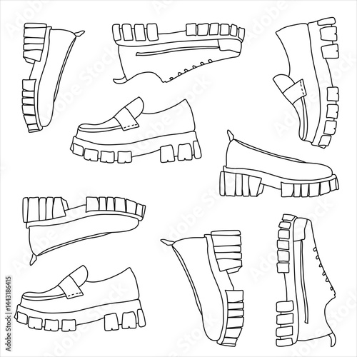 Set of modern design women's shoes. Vector sketch. Hand drawing for printing on fabric, packaging, textiles.