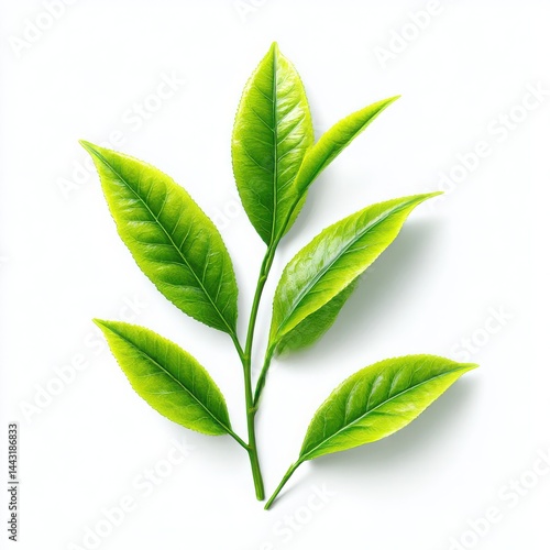 Green tea leaves on stem isolated on white background