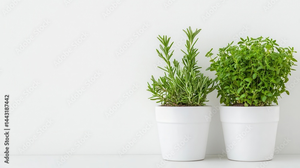 Fototapeta premium Small herb garden in clean, matching white pots, minimalist indoor farming concept