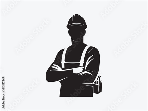 Worker Holding Tools Silhouette with Icon Hard Hat and Gear for Labor, Construction, and Occupation-Themed Vector Illustrations